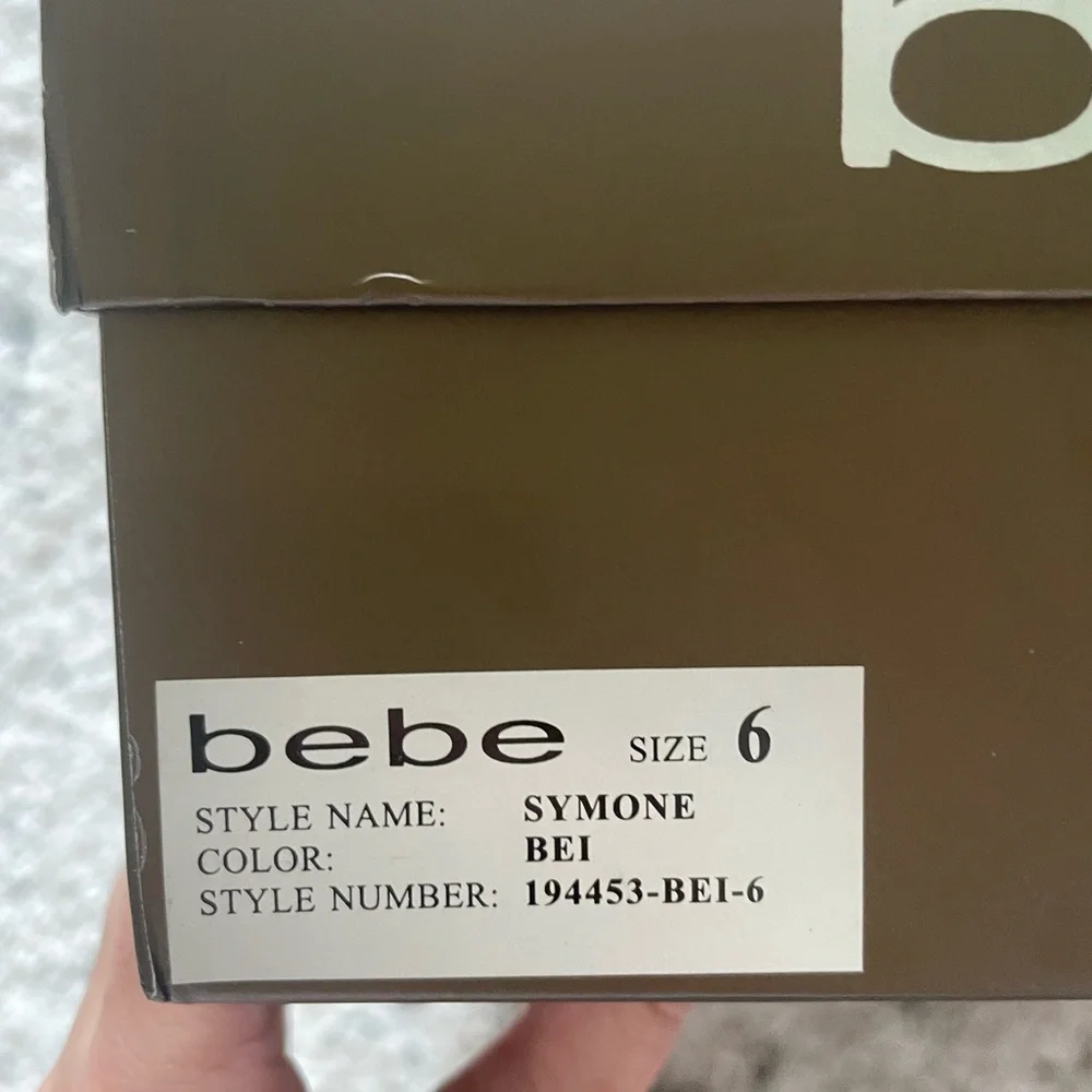 BEBE WEDGES! BRAND NEW!!! Metallic with Tan leather! Size: 6. Comes with Box!